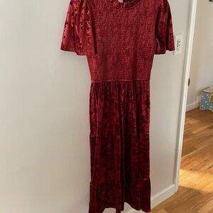 Red Dress-velvety texture. Great wedding guest dress for cooler weather.